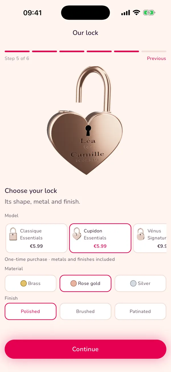 Padlove app screen: choosing the lock, its metal and its finish.