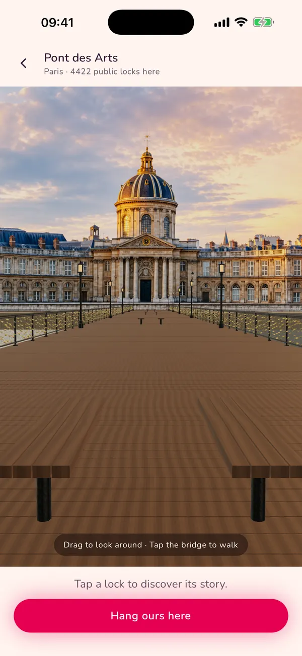Padlove app screen: a 3D walk along the Pont des Arts.