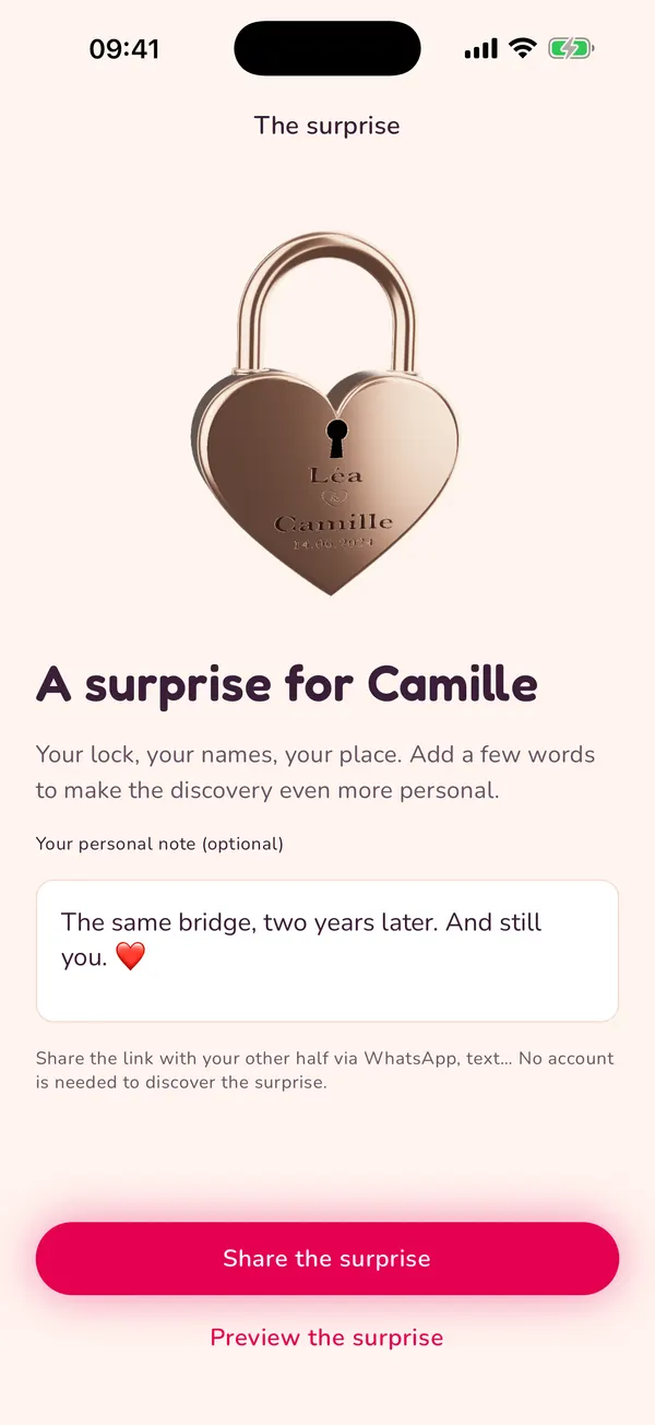 Padlove app screen: the surprise to share, with a little note.