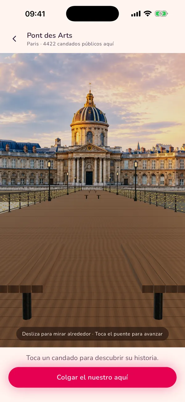 Pantalla de la aplicación Padlove: paseo en 3D por el Pont des Arts.