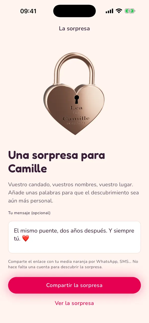 Pantalla de la aplicación Padlove: la sorpresa para compartir, con unas palabras.