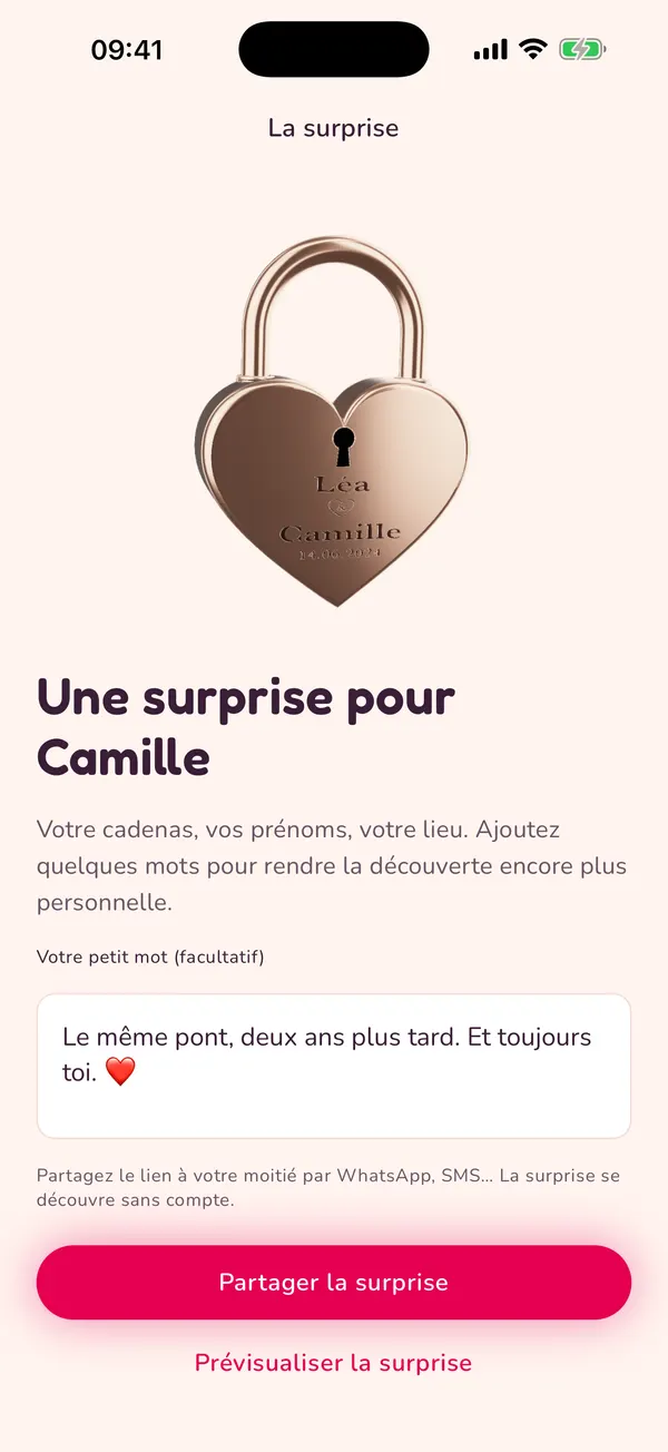 Écran de l’application Padlove : la surprise à partager avec un petit mot.